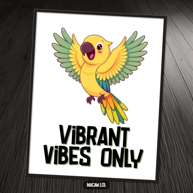 Funny happy macaw poster, a beautiful macaw flying, its wings spreading a spectacular, multicolored rainbow trail.