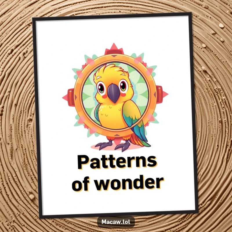 Funny poster of a curious macaw bird looking through a giant, sparkling kaleidoscope, captivated by the dazzling, shifting patterns.