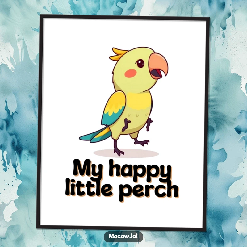 Funny kawaii macaw bird performing a whimsical hop dance, captured in a vibrant poster to add joy and personality to any wall.