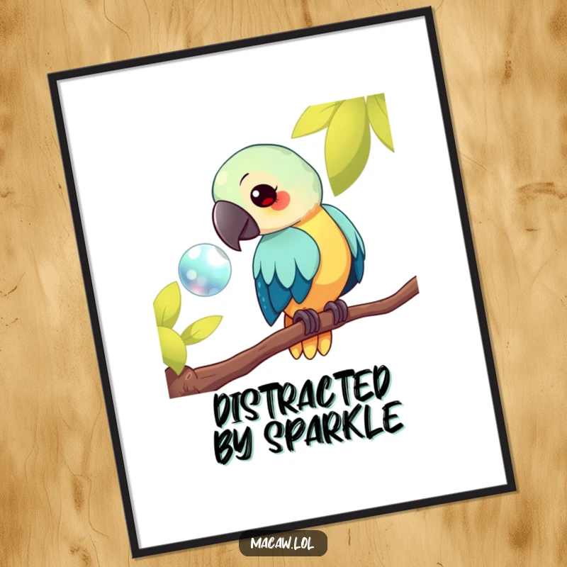 Funny kawaii macaw poster, featuring a bird on a branch curiously eyeing a shiny object, bringing playful fascination and humor to wall decor, a funny gift.