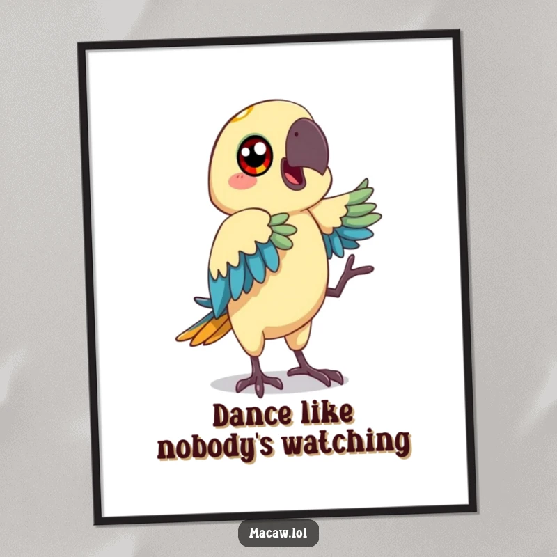 Funny macaw poster showing a bird with big, happy eyes performing a comical dance move, creating a vibrant scene.