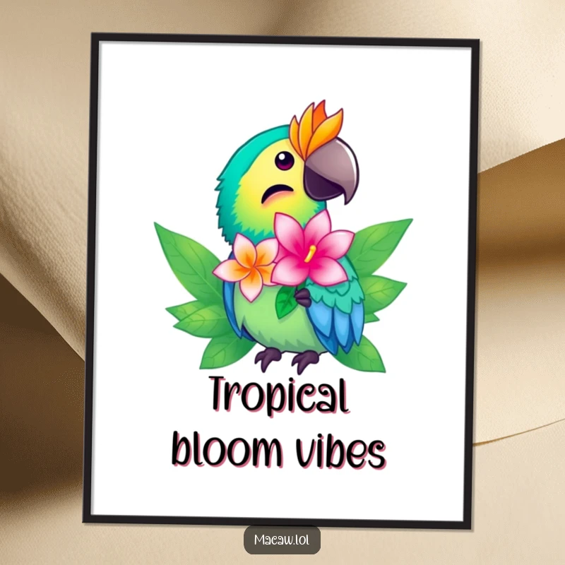 Funny macaw poster showing a vibrant bird offering a shimmering tropical flower, creating a peaceful scene.