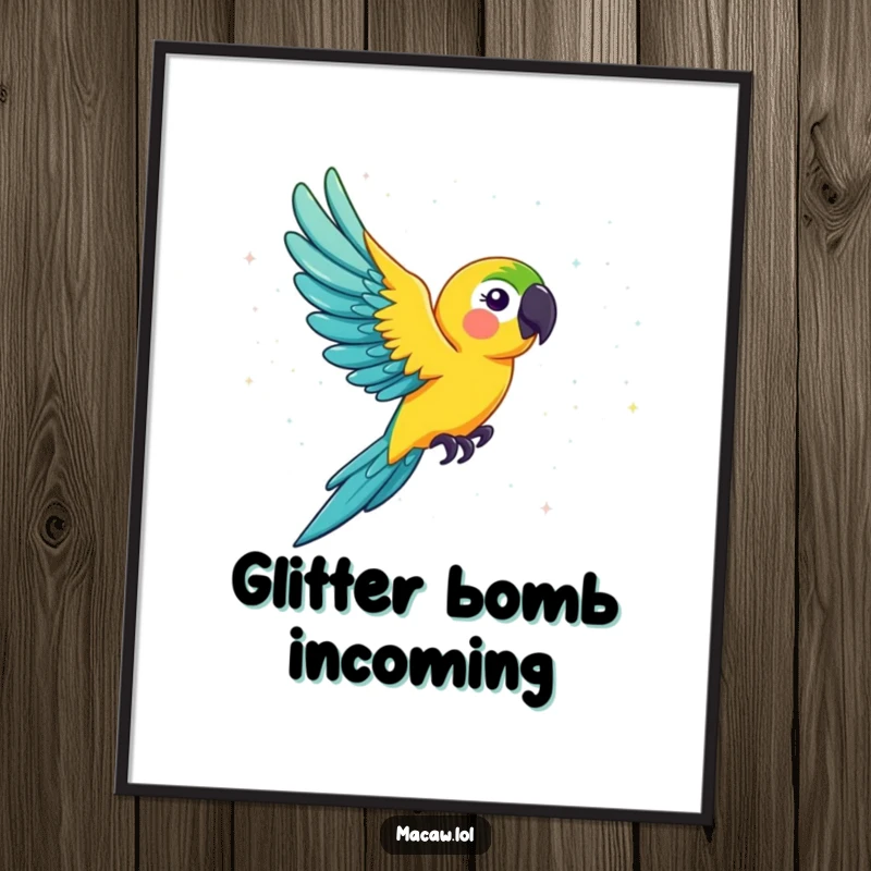Funny macaw poster, a colorful bird gracefully flying through a magical, sparkling cloud of glitter, adding sparkle to any room.