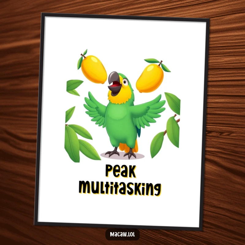 Funny macaw poster showing a laughing bird skillfully juggling three shiny mangoes, adding vibrant decor.