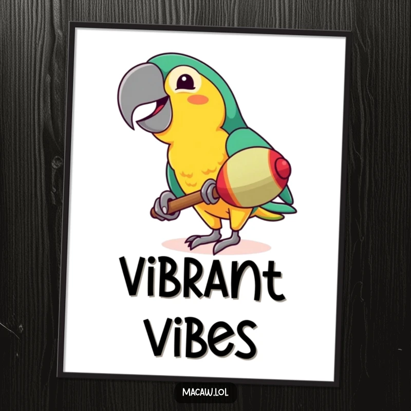 Funny Macaw Poster: A vibrant macaw with a huge smile shaking a maraca, capturing the essence of tropical celebration and humor.