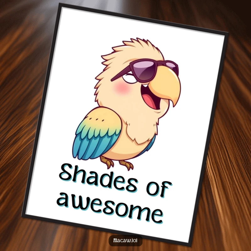 Funny poster of a cheerful macaw bird squawking happily, looking incredibly cool and stylish in a pair of sunglasses.