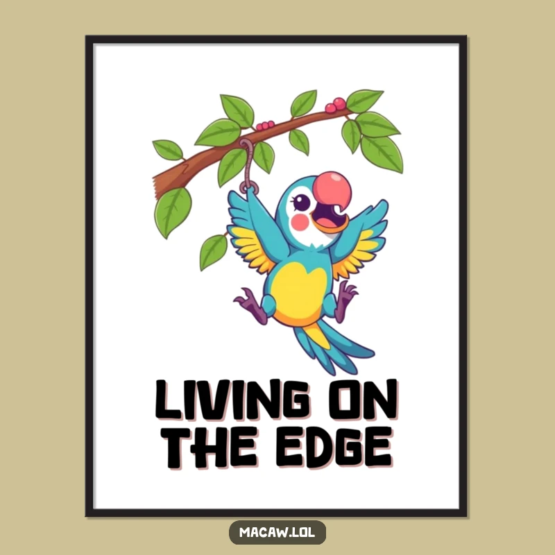 Funny Excited Macaw Swinging Poster - Vibrant Humorous Wall Art Gift