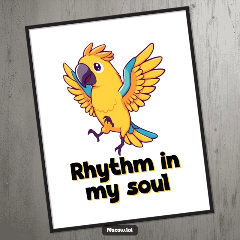 Funny macaw bird poster, stylized bird with fanned tail feathers dancing energetically, vibrant wall art, humorous, gift.