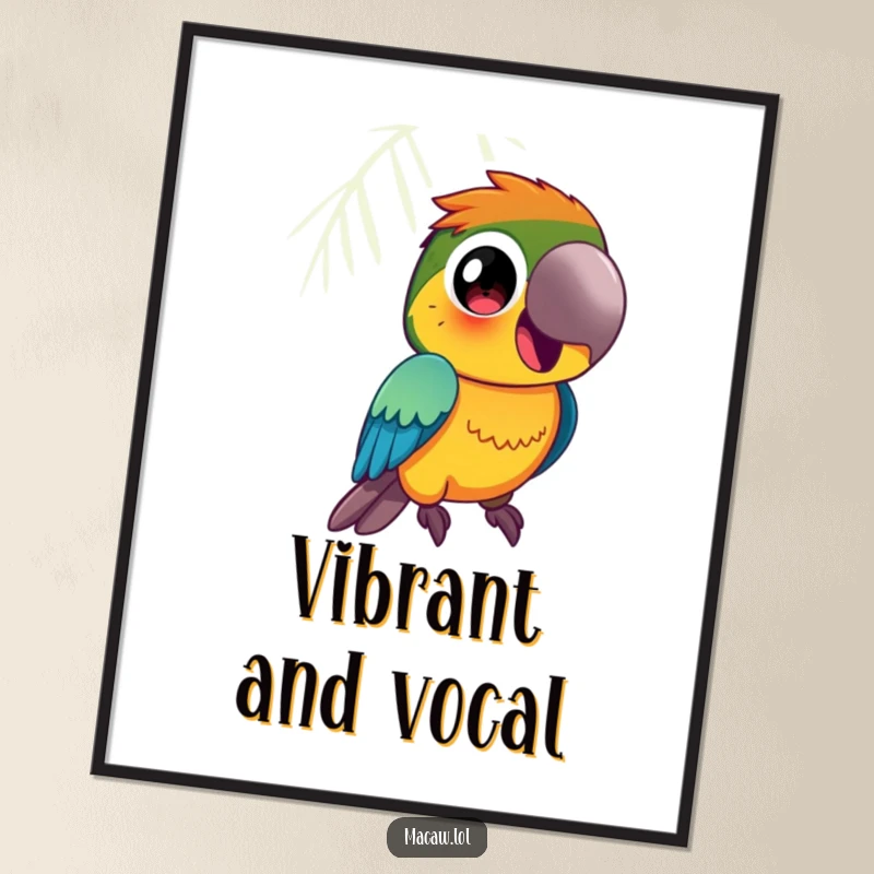 Funny Macaw Poster: A vibrantly colored macaw bird with large, curious eyes squawks happily, a statement piece.