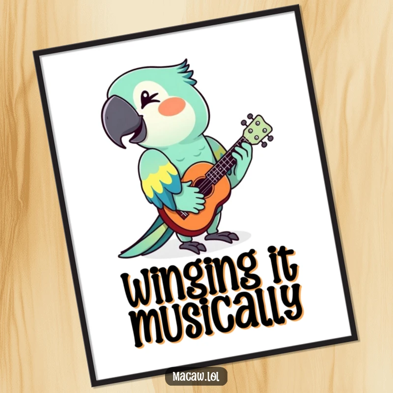 Funny, stylized macaw playing a tiny ukulele with a wink, vibrant tropical bird art poster for wall decor.
