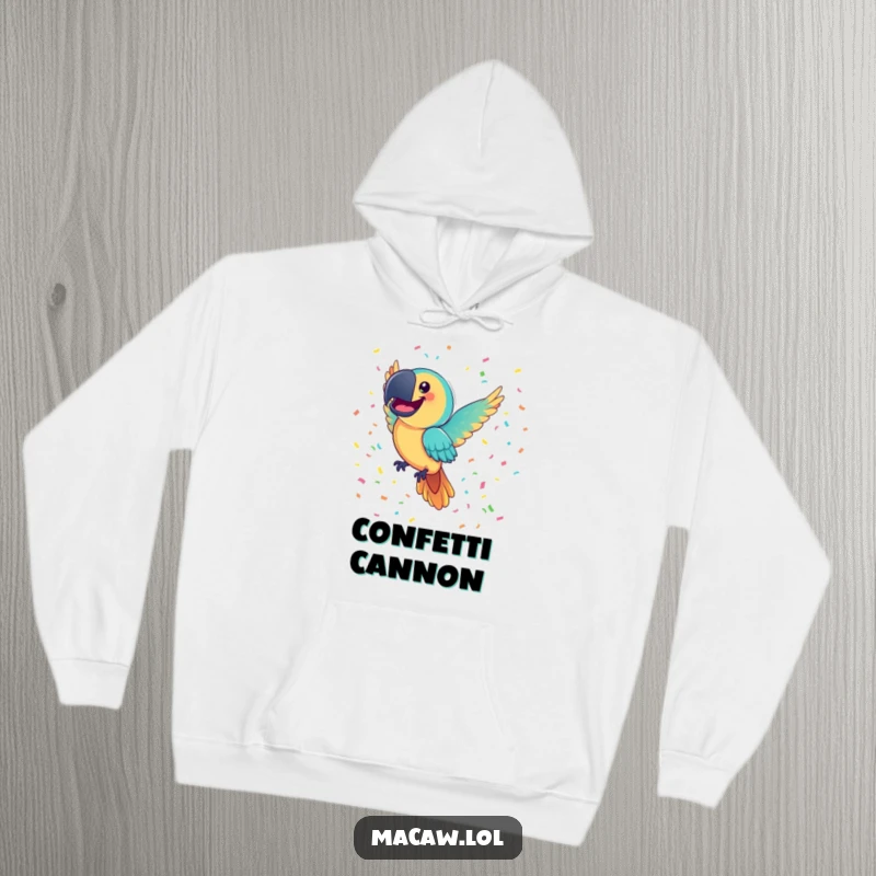 Funny Macaw Hoodie: A joyful macaw bird with a comically large smile flies through colorful confetti, offering cozy and festive comfort.