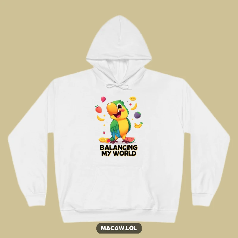 Cozy Funny Macaw Hoodie: Smiling Juggler, Fruit Fan, Warm Gift