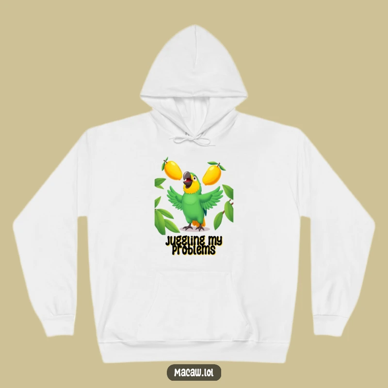 Cozy Funny Macaw Juggling Hoodie - Tropical Bird Gift, Warm & Hilarious