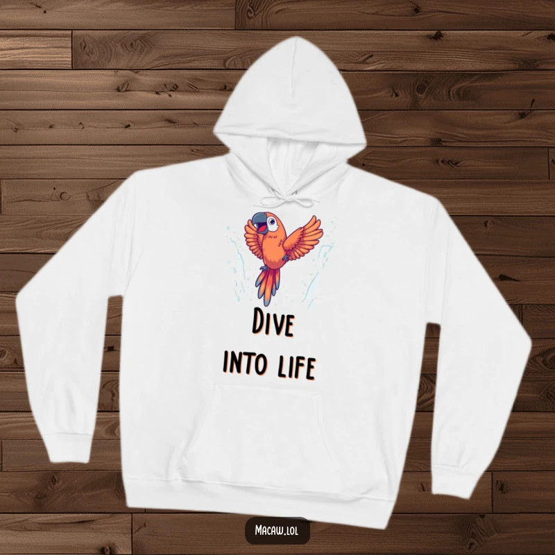 Funny hoodie featuring an energetic macaw diving through a misty waterfall with glee, offering cozy comfort and adventurous style.