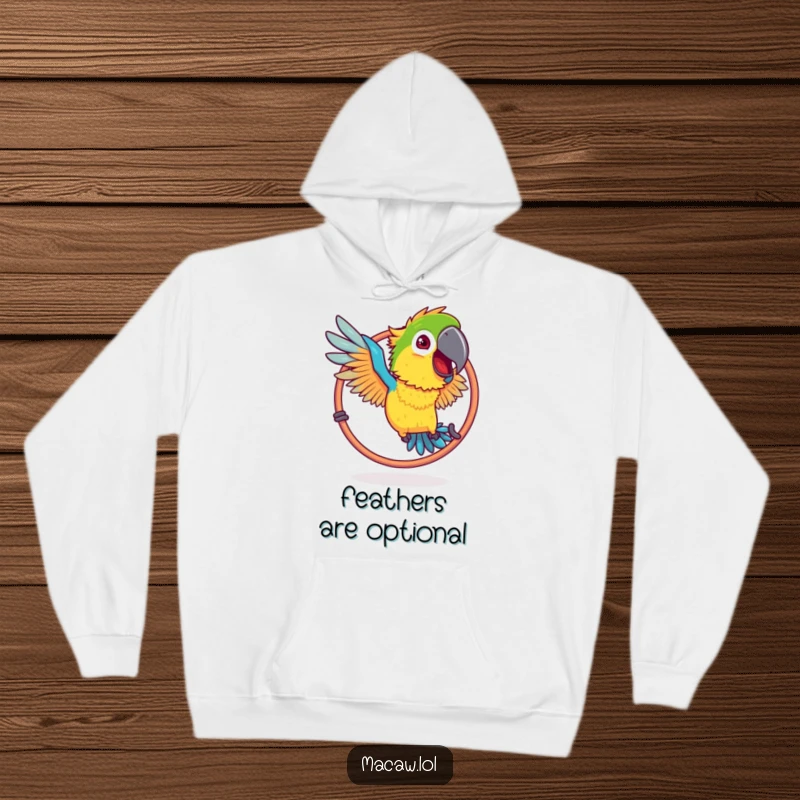 Funny Ruffled Macaw Hoop Hoodie: A bird with ruffled feathers humorously trying to fly through a hoop.