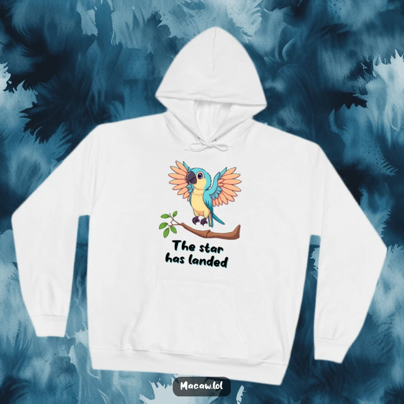 Funny hoodie featuring a macaw bird posing dramatically on a perch with its wings spread wide, exuding grandeur and confidence.
