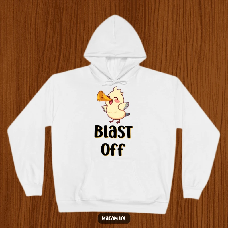 Funny Bird Horn Hoodie: A happy bird joyfully honks a tiny horn, a cozy and humorous piece for spreading cheerful vibes.