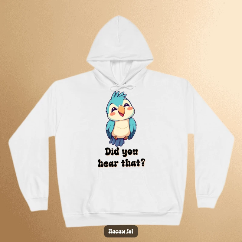 Funny kawaii macaw hoodie, featuring a bird with a tilted head making a funny squawk, offering cozy silliness and humor, a wonderful funny gift.