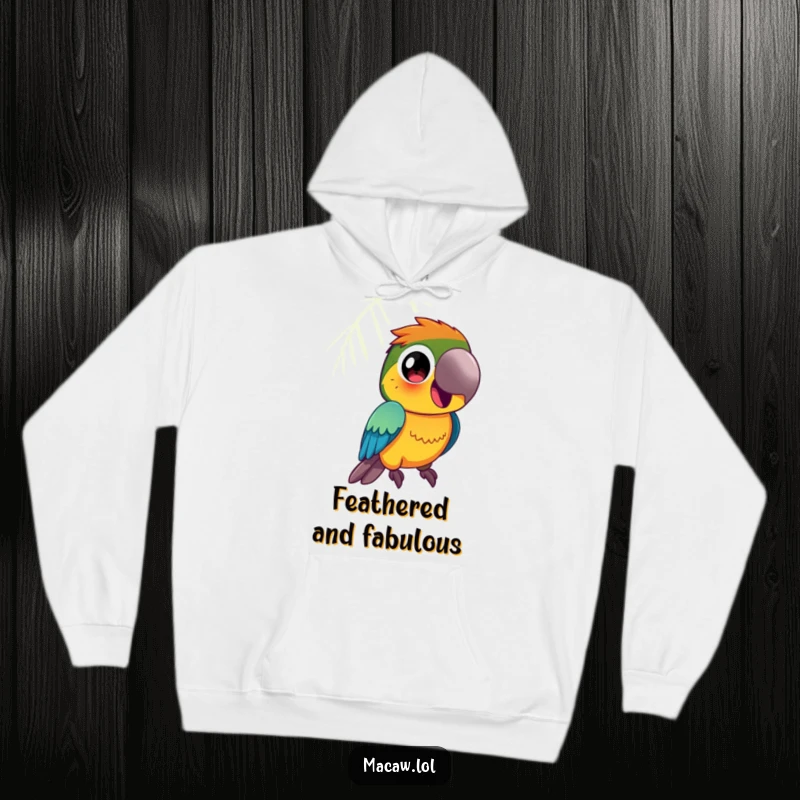 Funny Macaw Hoodie: A vibrantly colored macaw bird with large, curious eyes squawks happily, cozy and cheerful.