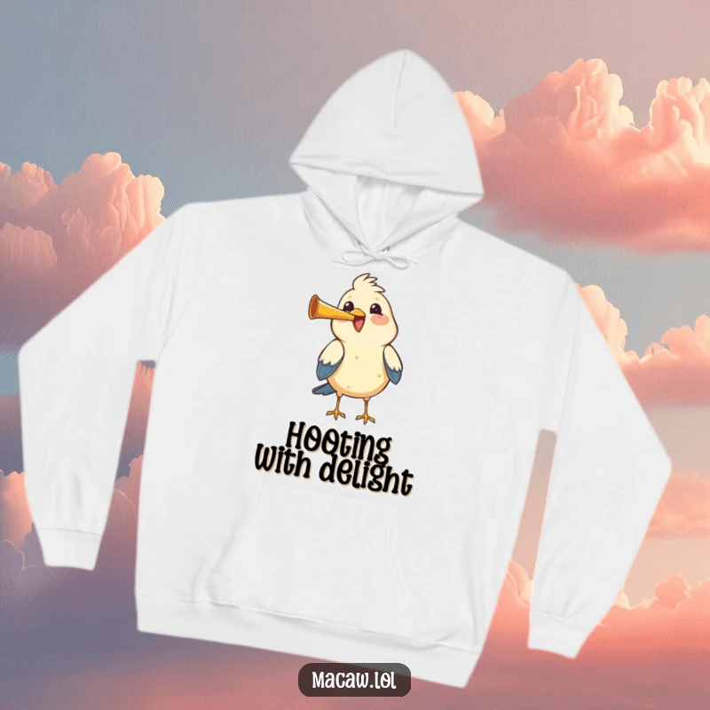 Funny bird honking a tiny horn with gusto and joy, a cozy and humorous hoodie.