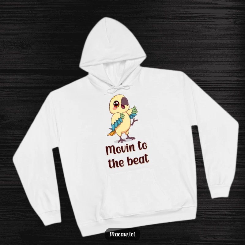 Funny macaw hoodie depicting a happy-eyed bird mimicking a funny dance move, offering warmth and style.