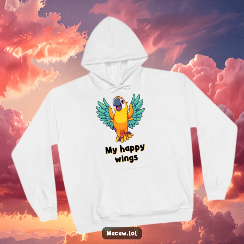 Cozy hoodie showcasing a vibrant macaw with a wide grin joyfully dancing with outstretched wings, designed for warmth.