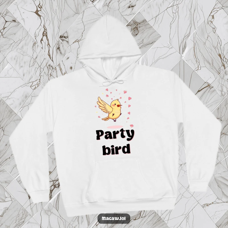 Funny Petal Party Hoodie showcasing a bird joyfully throwing flower petal confetti, perfect for warm and cheerful wear.