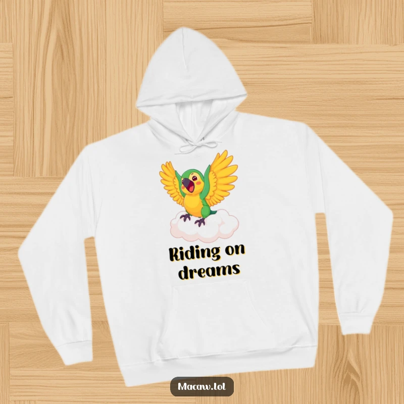 Funny Macaw Hoodie: A happy macaw flaps wings enthusiastically while riding a soft, bouncing cloud.