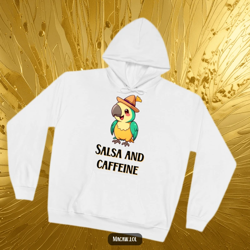 Funny Hoodie featuring a cheerful macaw tipping a tiny sombrero with a flourish, offering festive warmth and style.