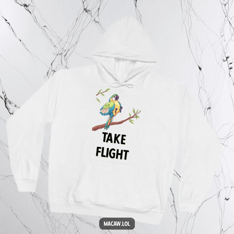 Funny Macaw Acrobat Hoodie: A vibrant macaw is captured mid-leap between perches, a cozy and humorous symbol of daring.