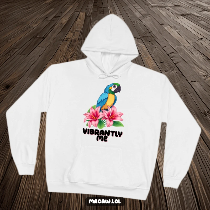 Funny macaw striking a dramatic proud pose atop a tropical flower on a hoodie, providing cozy, vibrant comfort.