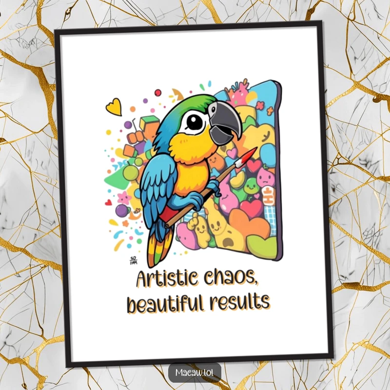 Funny Free Printable Wall Art: A macaw with its beak creating a splashy, colorful, and chaotic abstract mural on a canvas.