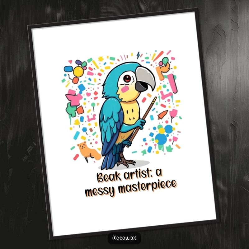 Funny Free Printable Wall Art: A macaw character enthusiastically daubs paint with its beak, creating a spectacularly chaotic and colorful abstract mural.