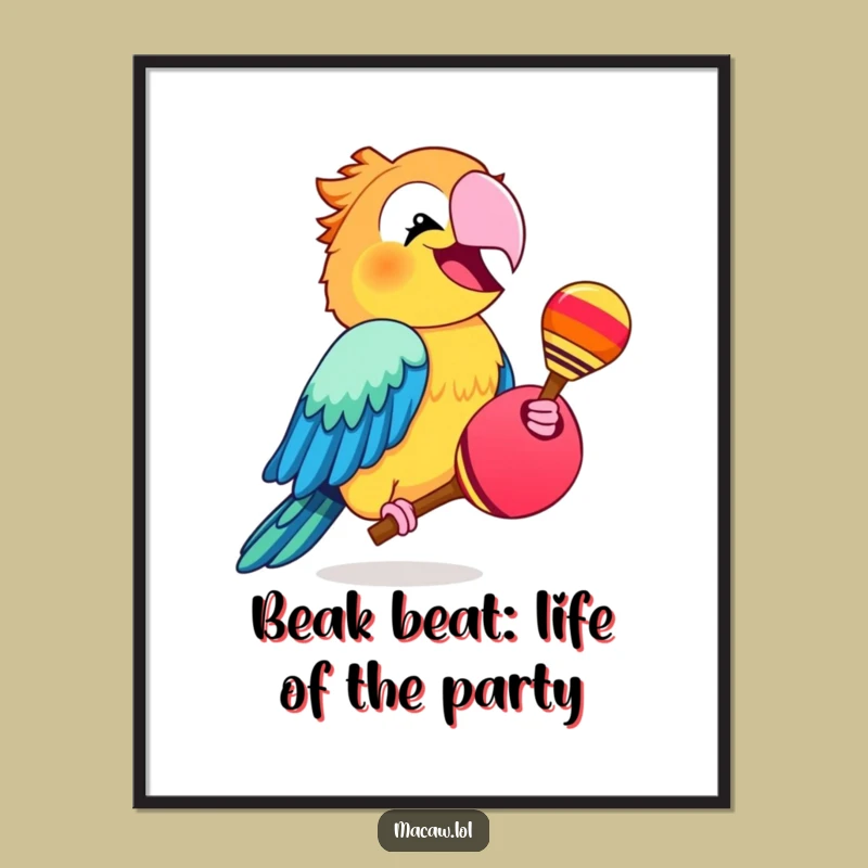 Free Printable Wall Art: Funny Macaw Maraca Fiesta Poster Downloadable Home Decor