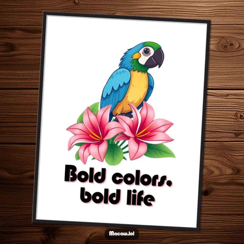 Funny Free Printable Wall Art: A macaw strikes a dramatic, proud pose atop a vibrant tropical flower, exuding confidence.