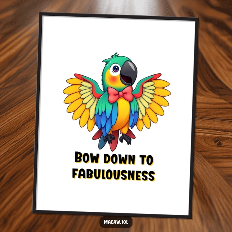 Funny Free Printable Wall Art: A vibrant macaw with wings spread wide, striking a hilarious and flamboyant bow pose.