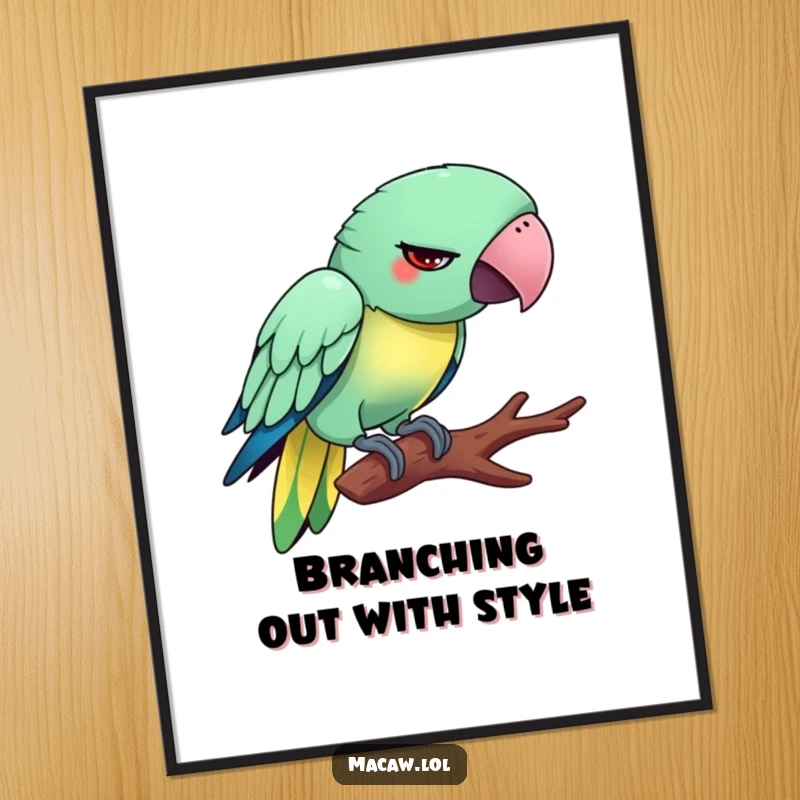 Funny Free Printable Wall Art: Silly Macaw attempting to tiptoe on a branch, humorous downloadable avian decor.