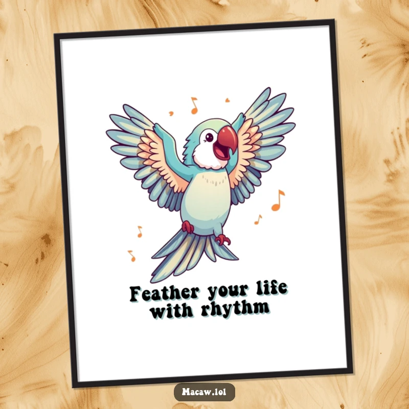 Funny Free Printable Wall Art: A happy macaw with wings spread wide, caught mid-dance to imaginary music, full of joy.