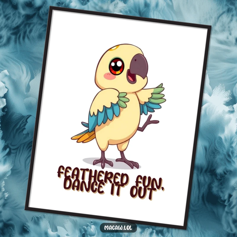Funny Free Printable macaw wall art, a bird with big happy eyes doing a hilarious dance move, playful and humorous downloadable decor.