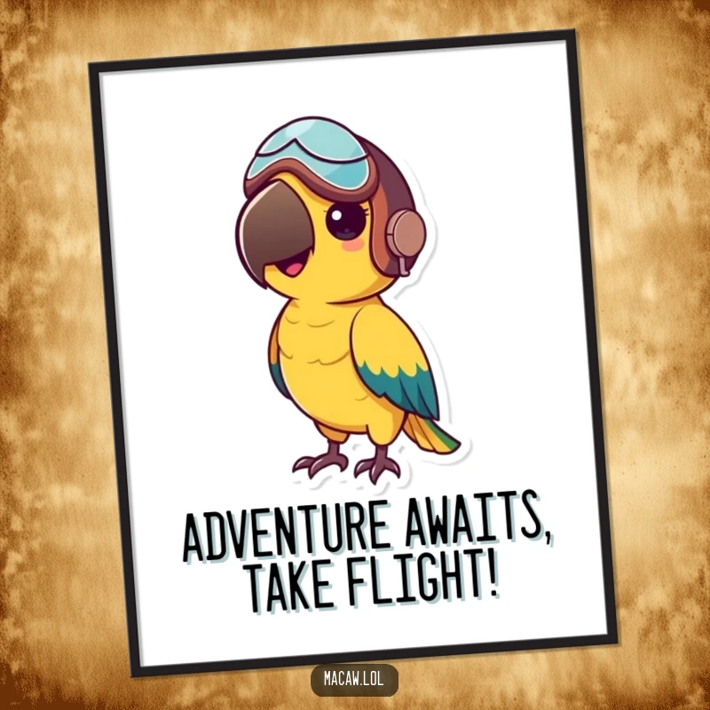 Funny Free Printable Macaw Wall Art: Small macaw bird sporting a tiny aviator helmet, looking adventurous and ready for takeoff, a fun illustration.