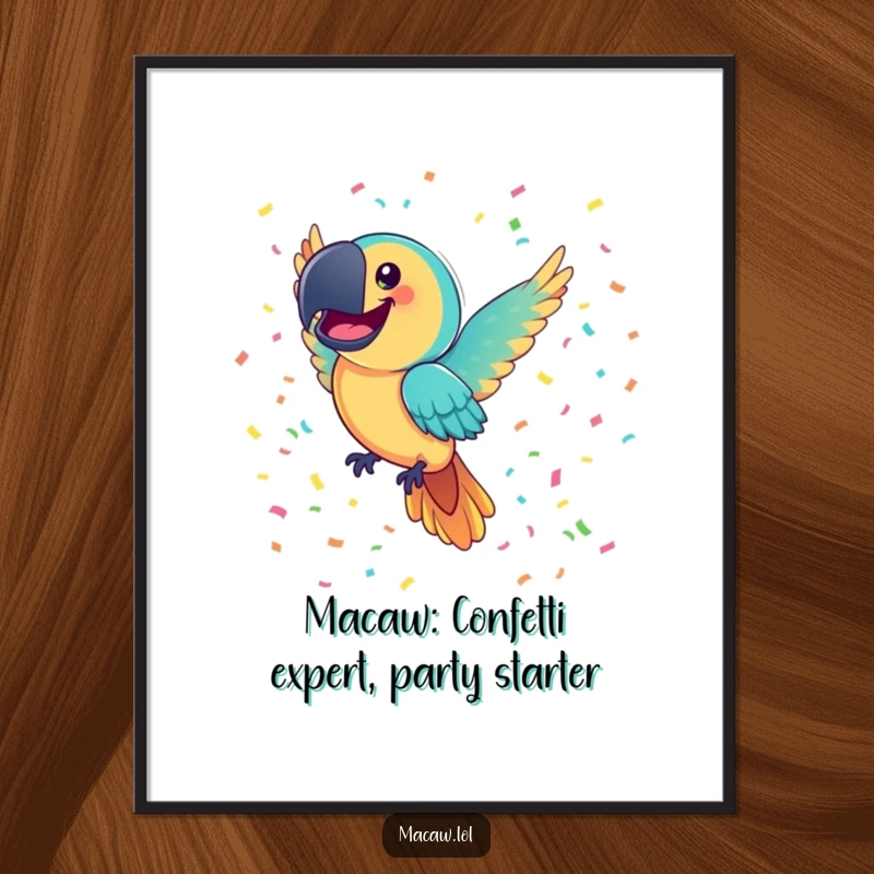 Funny Free Printable Macaw Wall Art: Joyful bird with a comically large smile flying through colorful confetti. Festive decor.