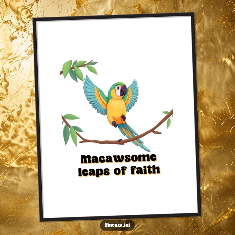Funny Free Printable Wall Art: A vivid macaw in mid-air, performing a gravity-defying, dramatic leap. High-quality downloadable decor.