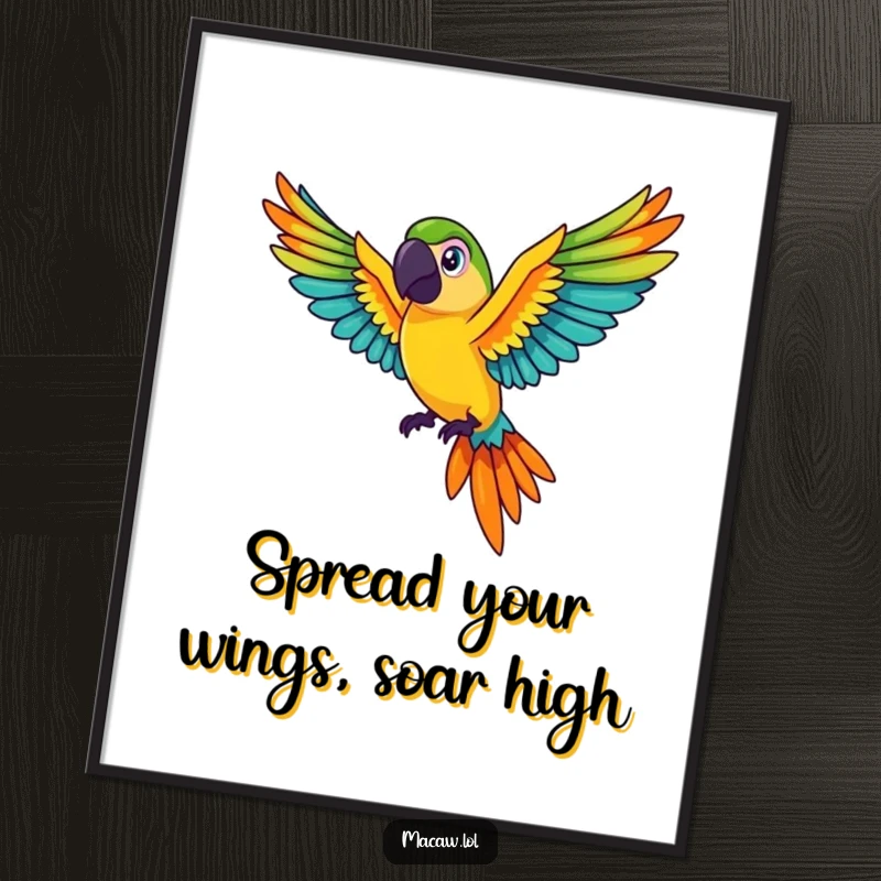 Funny Free Printable Wall Art: A cute macaw bird gracefully flies with colourful wings spread wide, adding vibrant decor. Downloadable.