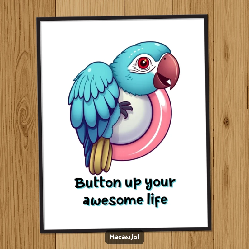 Funny Free Printable Wall Art: Macaw bird pecking playfully at a huge, shiny, red button, full of intrigue.