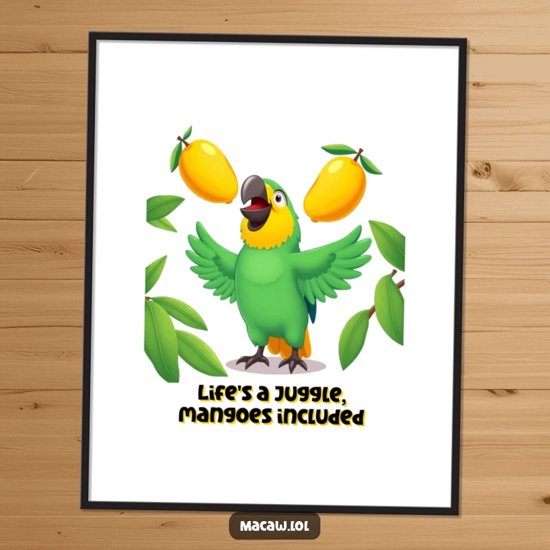 Funny Free Printable macaw wall art, a laughing bird expertly juggling three shiny mangoes, vibrant and humorous tropical decor.