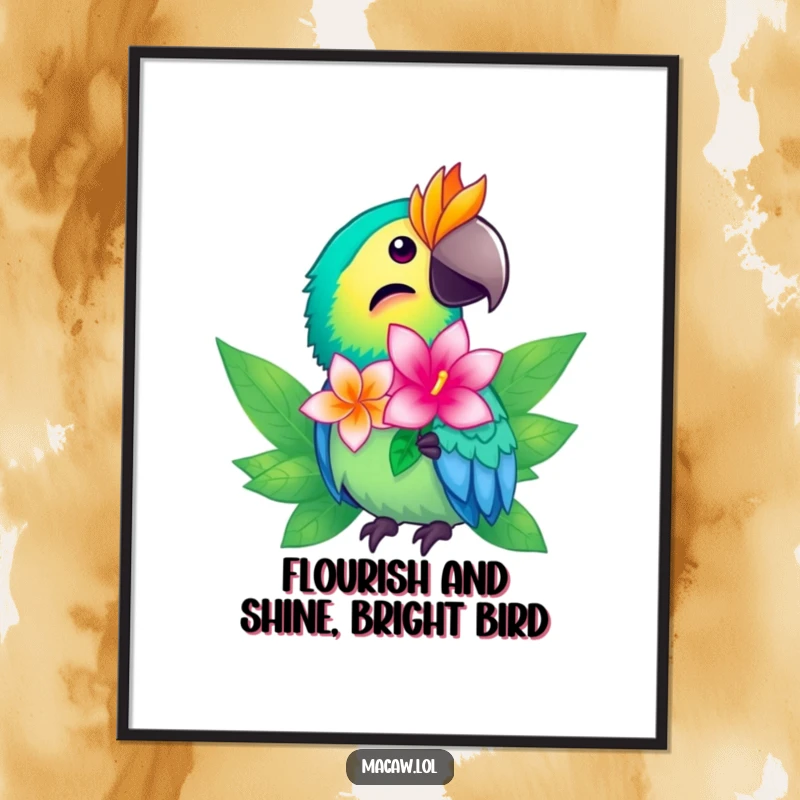 Funny Free Printable macaw wall art, a bright bird offering a shimmering tropical flower, elegant and humorous downloadable decor.