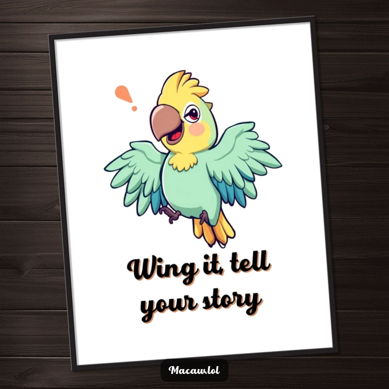 Funny Free Printable Macaw Wall Art: Expressive macaw bird with exaggerated wing movements, mid-storytelling, a vibrant and humorous illustration.