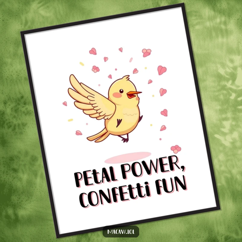 Funny Free Printable Wall Art: A bird joyfully scattering a playful cascade of colorful flower petal confetti.
