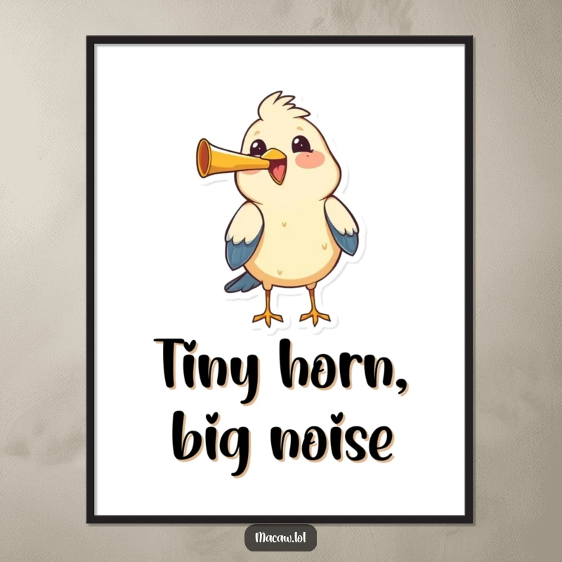 Funny Free Printable Wall Art: A joyful bird enthusiastically honks a tiny horn, creating a whimsical and celebratory piece of downloadable art.