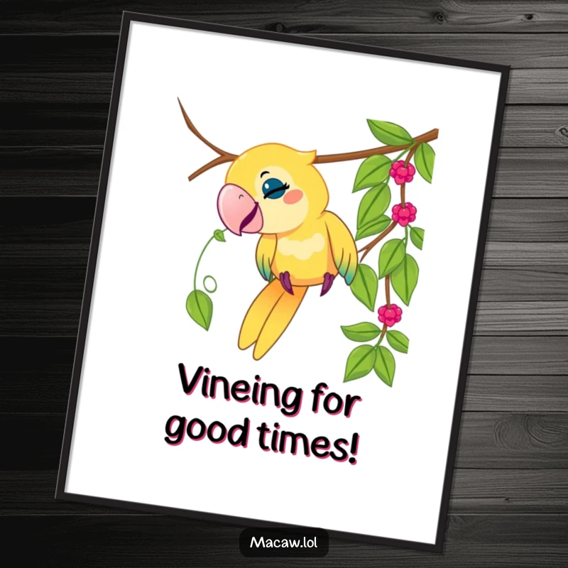 Funny Free Printable Wall Art: Playful macaw bird with a mischievous look tugging on a dangling vine.